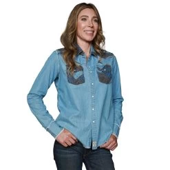 Kimes Ranch Kimes KC Patched Denim Snap Front Ladies Western Shirt