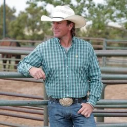 Cinch Teal Plaid Mens Western Shirt
