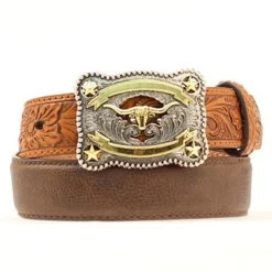Nocona Two Tone Leather Boys Belt With Longhorn Buckle